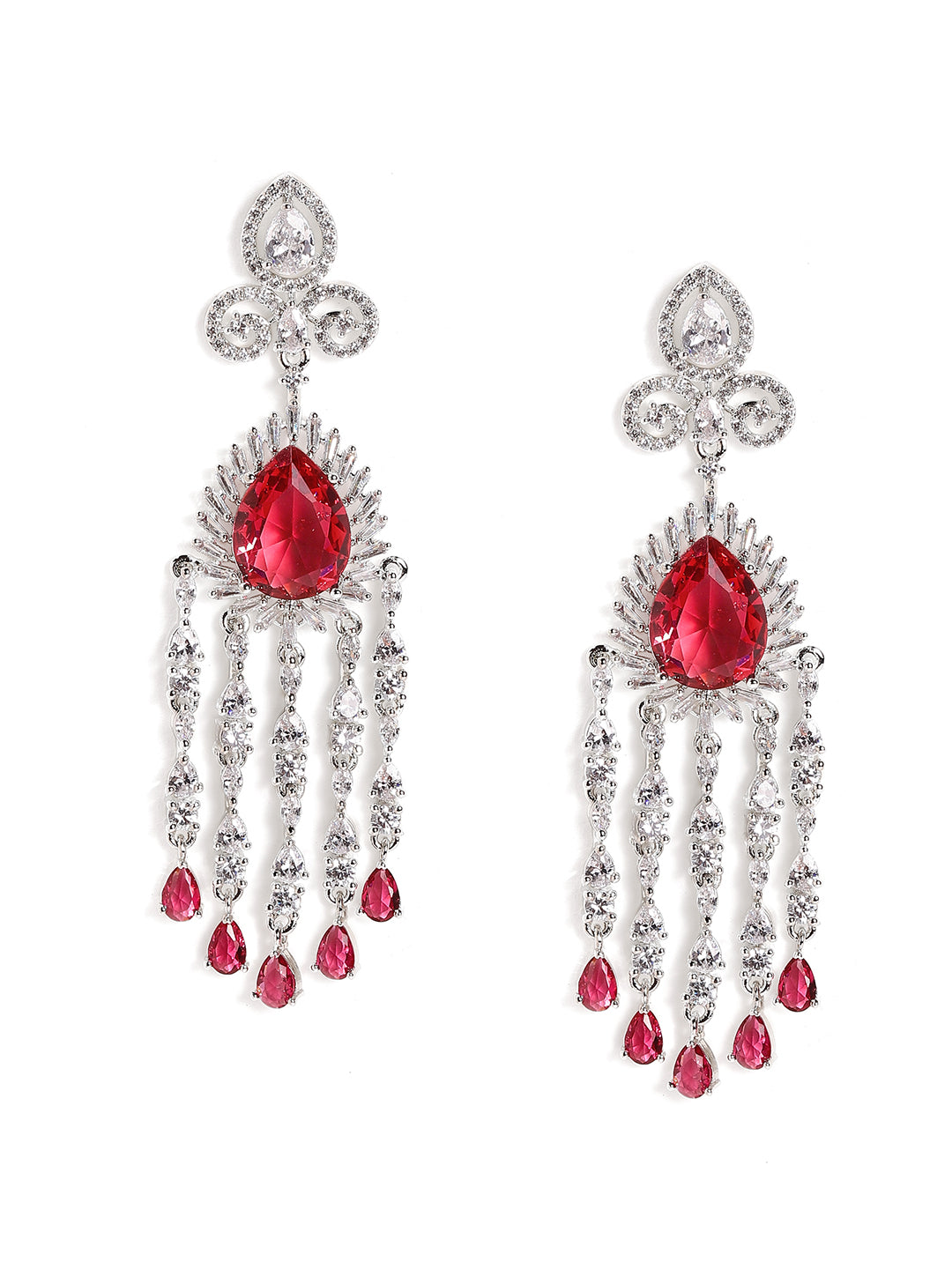 Ruby Stoned American Diamond Floral Pattern Silver Plated Drop Earrings