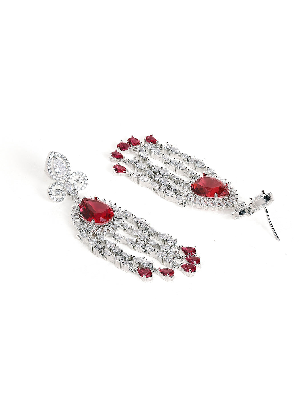 Ruby Stoned American Diamond Floral Pattern Silver Plated Drop Earrings