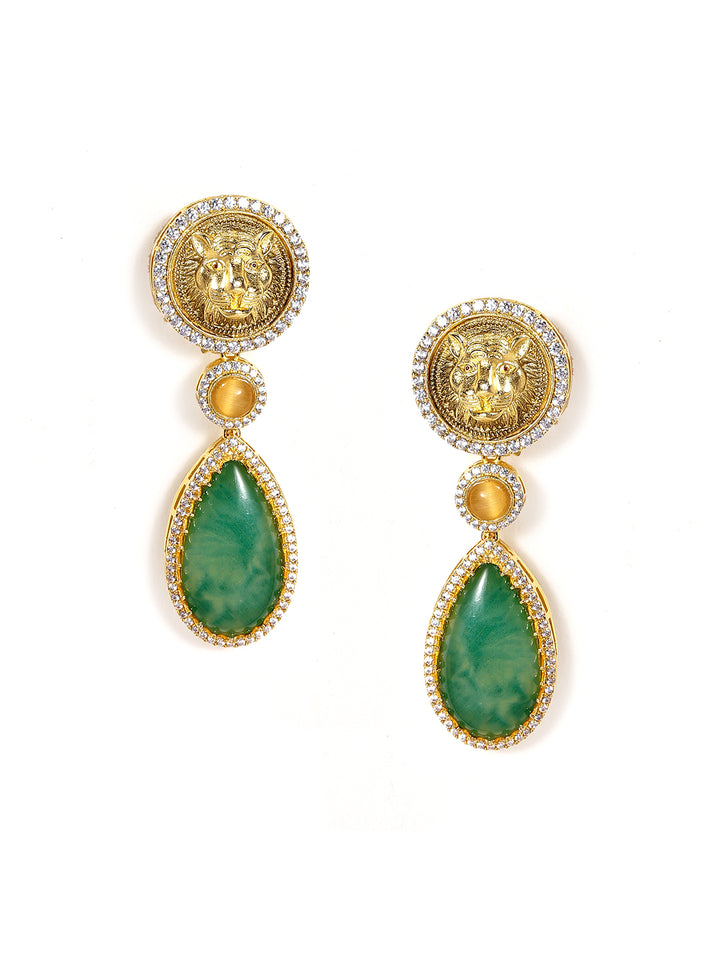 Tiger Faced Gold Plated American Diamond Green Stoned Drop Earrings