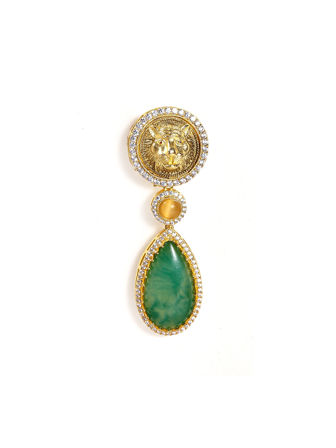 Tiger Faced Gold Plated American Diamond Green Stoned Drop Earrings