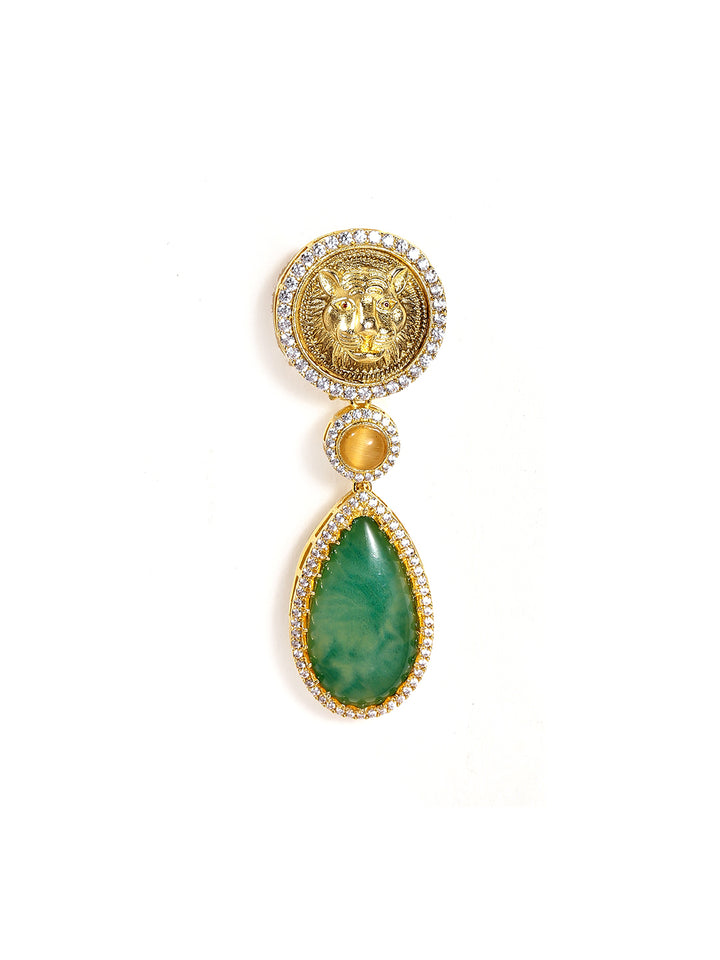 Tiger Faced Gold Plated American Diamond Green Stoned Drop Earrings