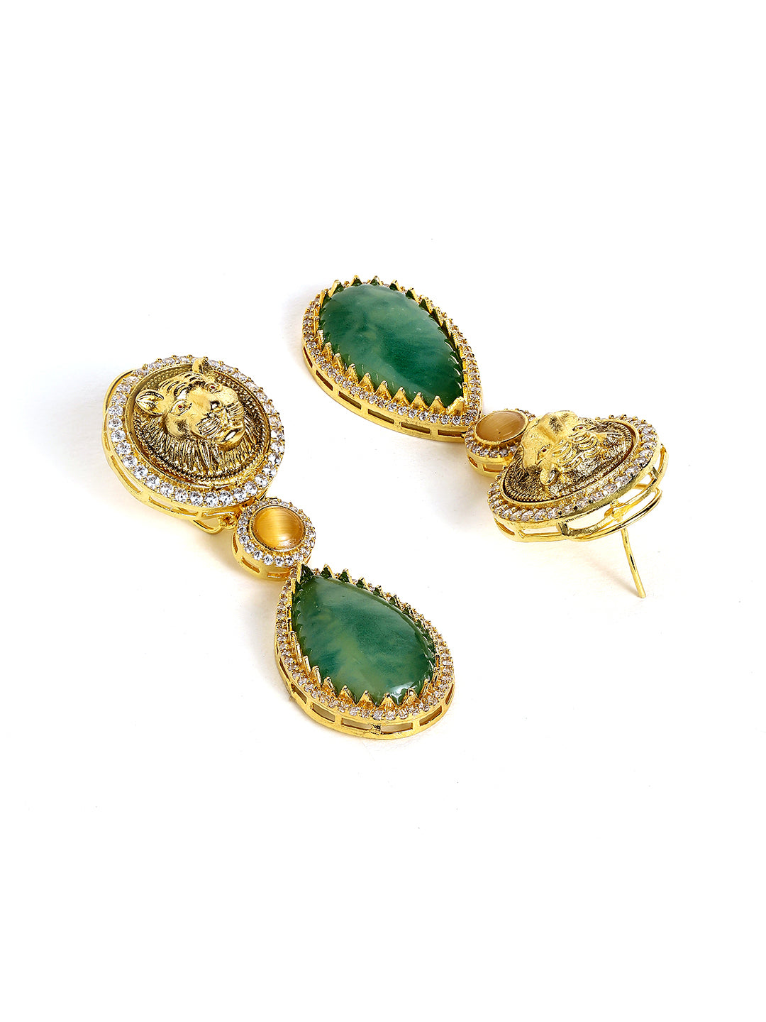 Tiger Faced Gold Plated American Diamond Green Stoned Drop Earrings