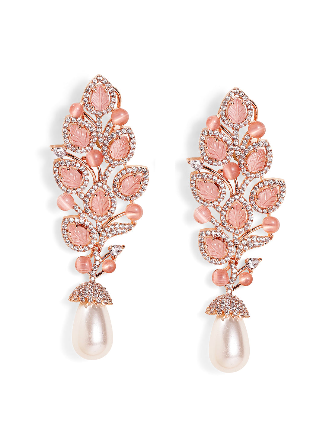 Pink Stoned Floral Style American Diamond Rosegold Plated Pearl Drop Earrings