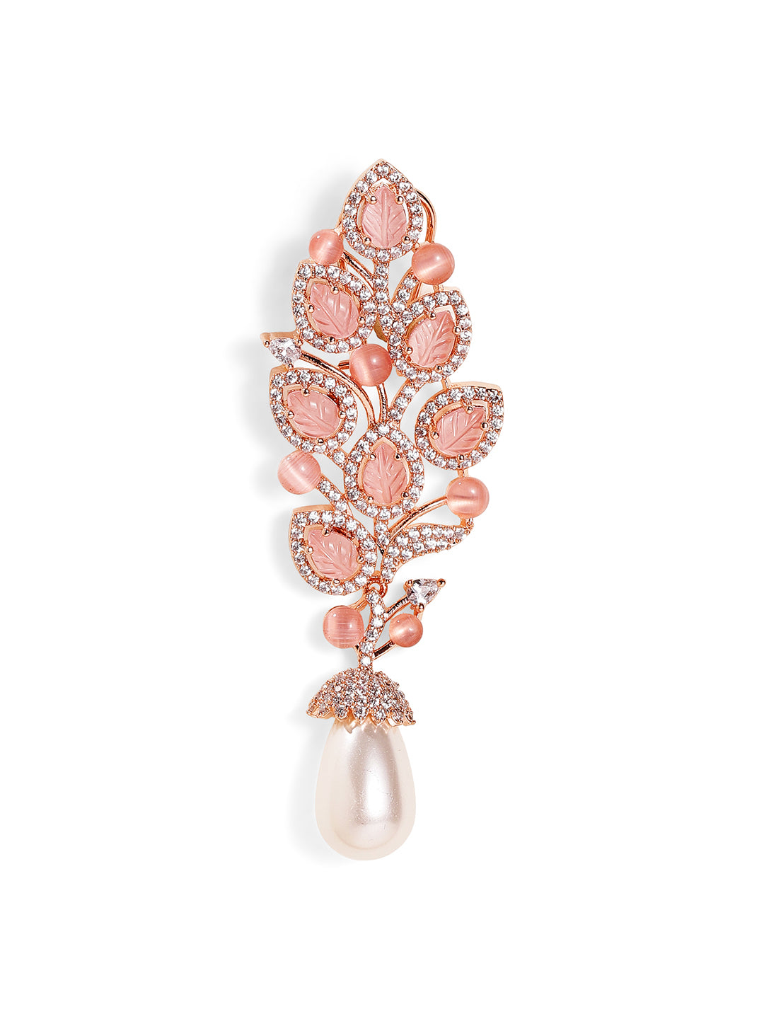 Pink Stoned Floral Style American Diamond Rosegold Plated Pearl Drop Earrings