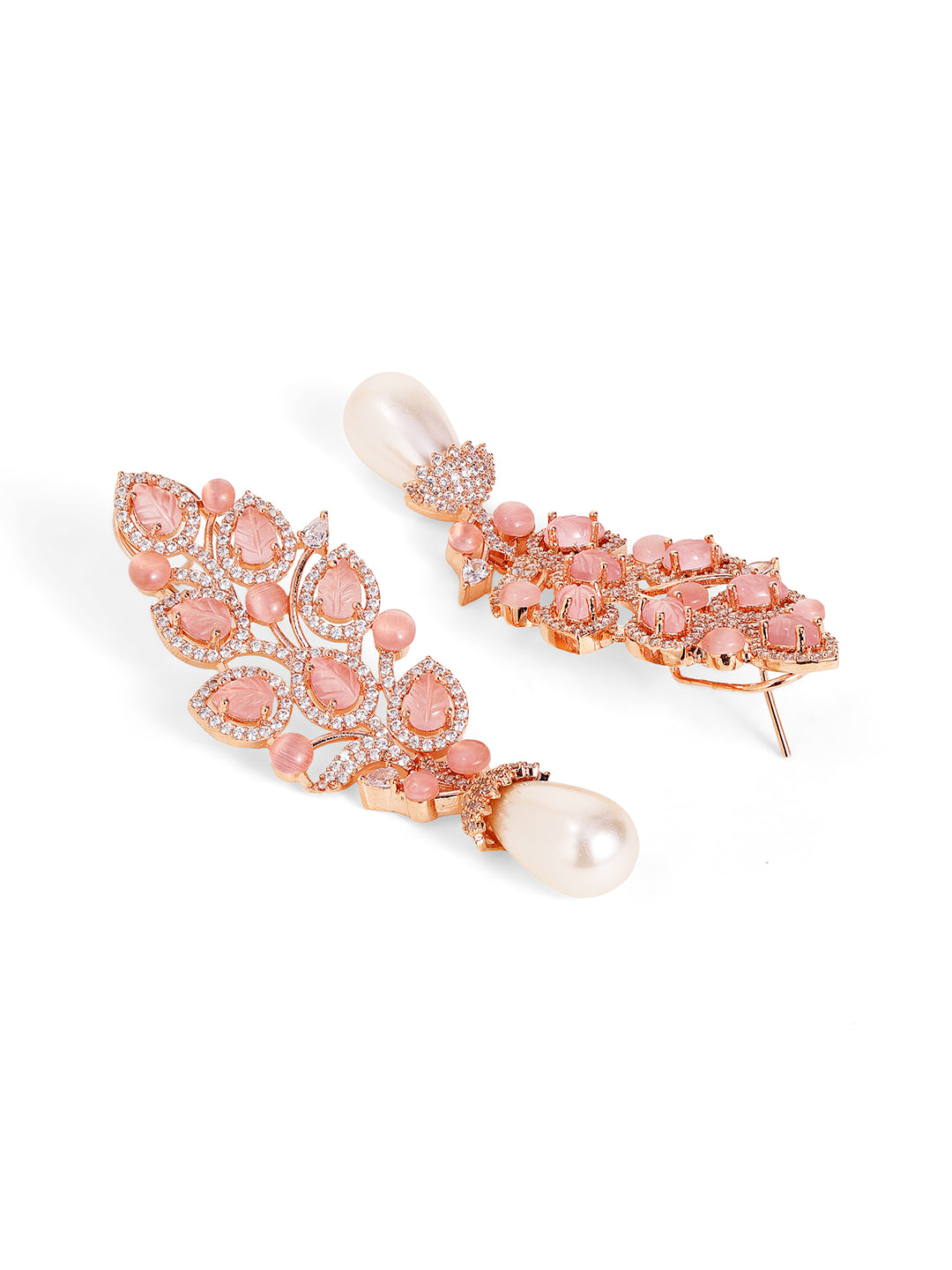 Pink Stoned Floral Style American Diamond Rosegold Plated Pearl Drop Earrings