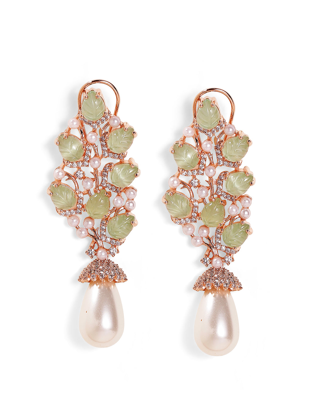 Mint Stoned Rosegold Plated Pearl American Diamond Drop Earrings