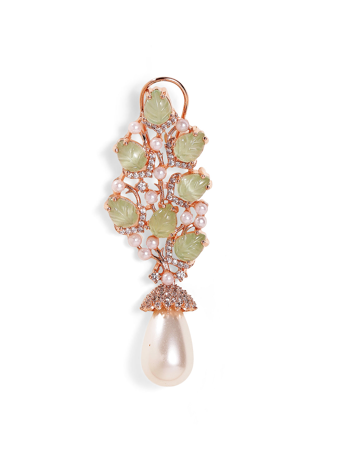 Mint Stoned Rosegold Plated Pearl American Diamond Drop Earrings