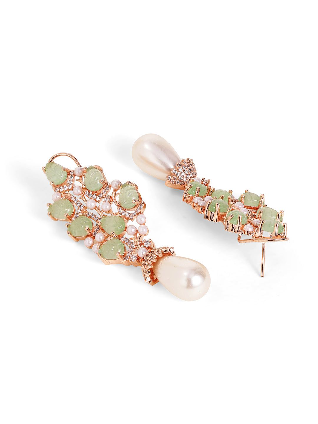 Mint Stoned Rosegold Plated Pearl American Diamond Drop Earrings