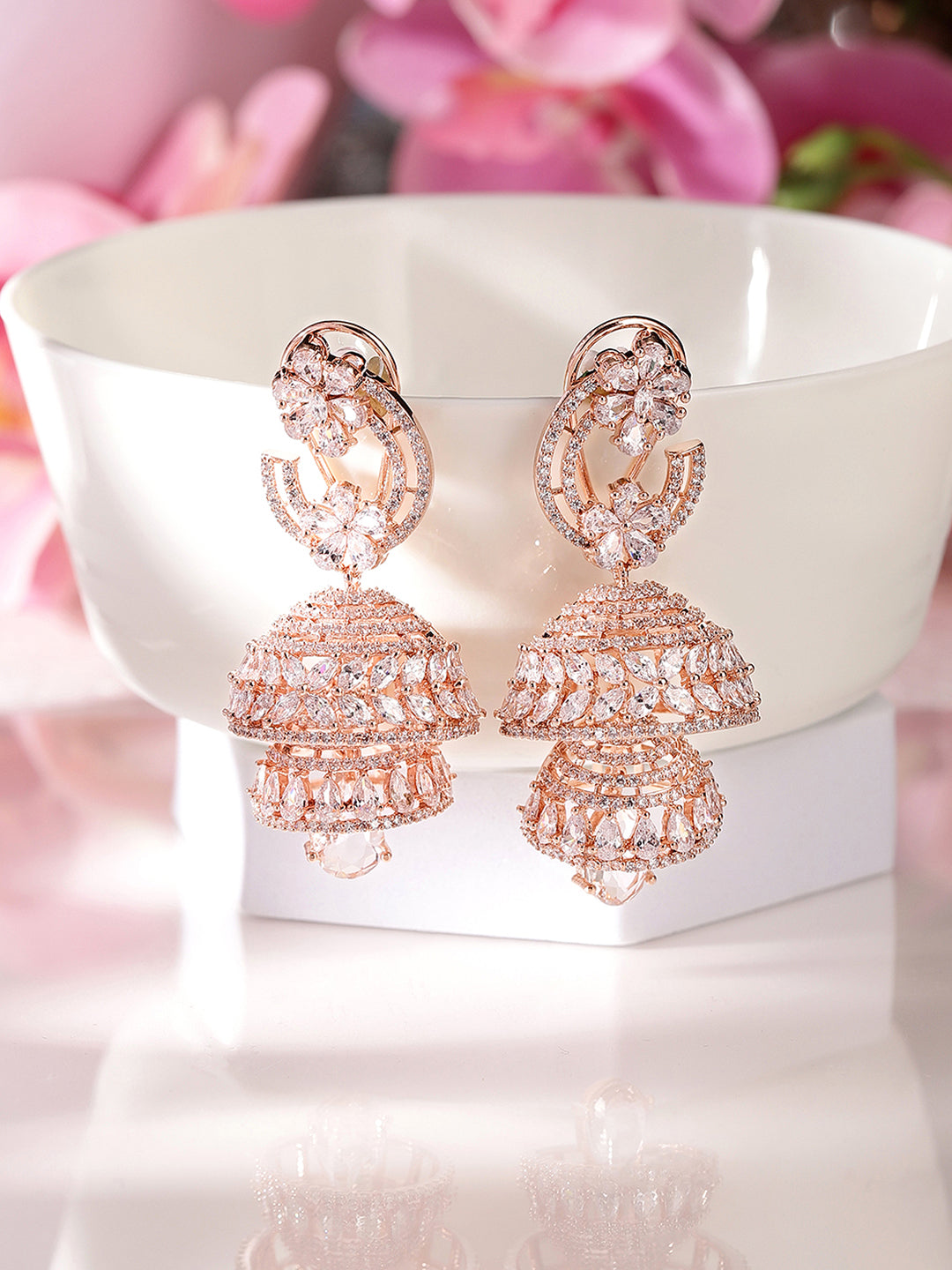 Floral Style Rosegold Plated American Diamond Jhumkis Elegance Earrings