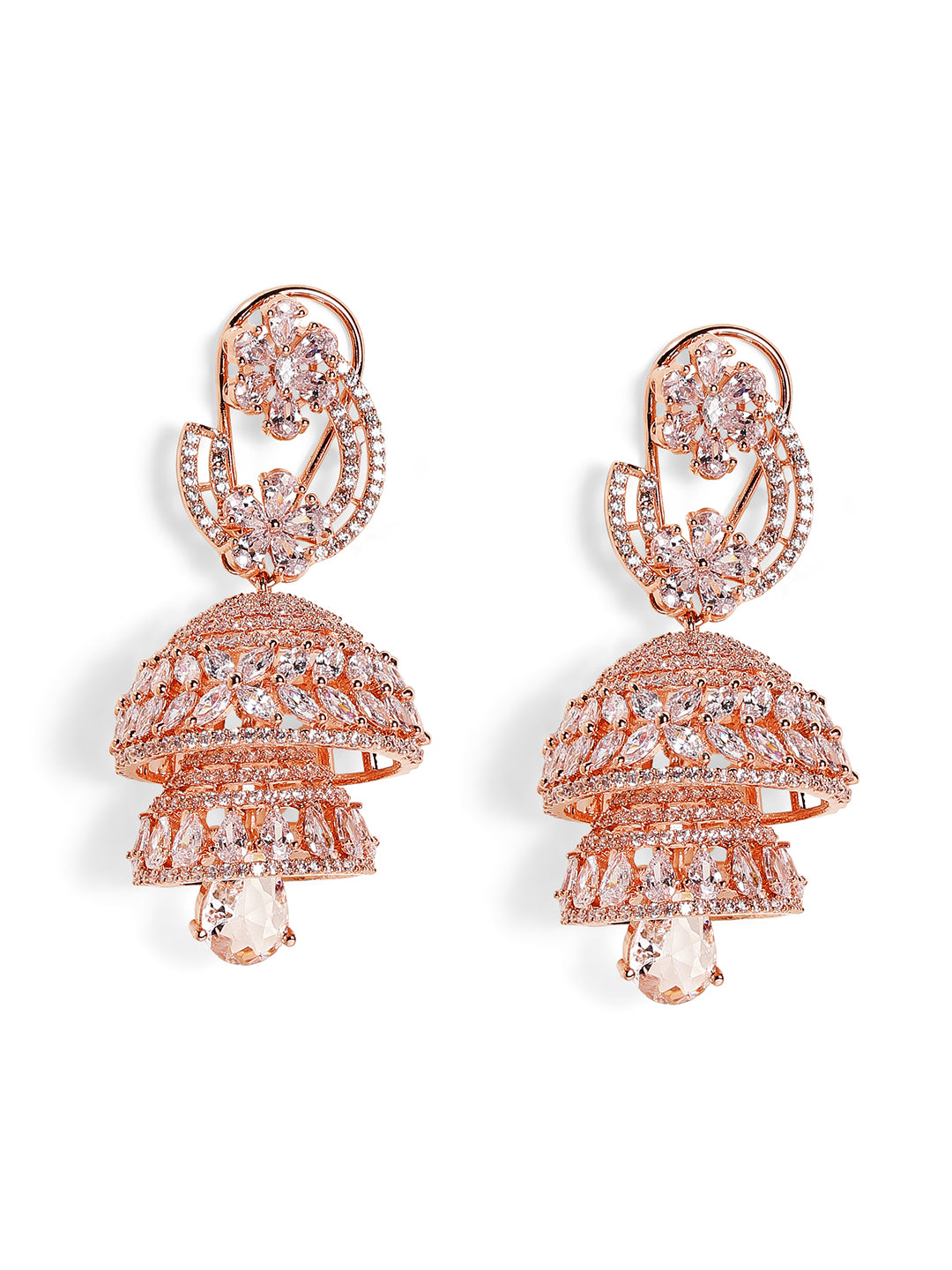 Floral Style Rosegold Plated American Diamond Jhumkis Elegance Earrings