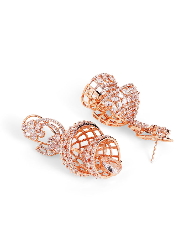 Floral Style Rosegold Plated American Diamond Jhumkis Elegance Earrings