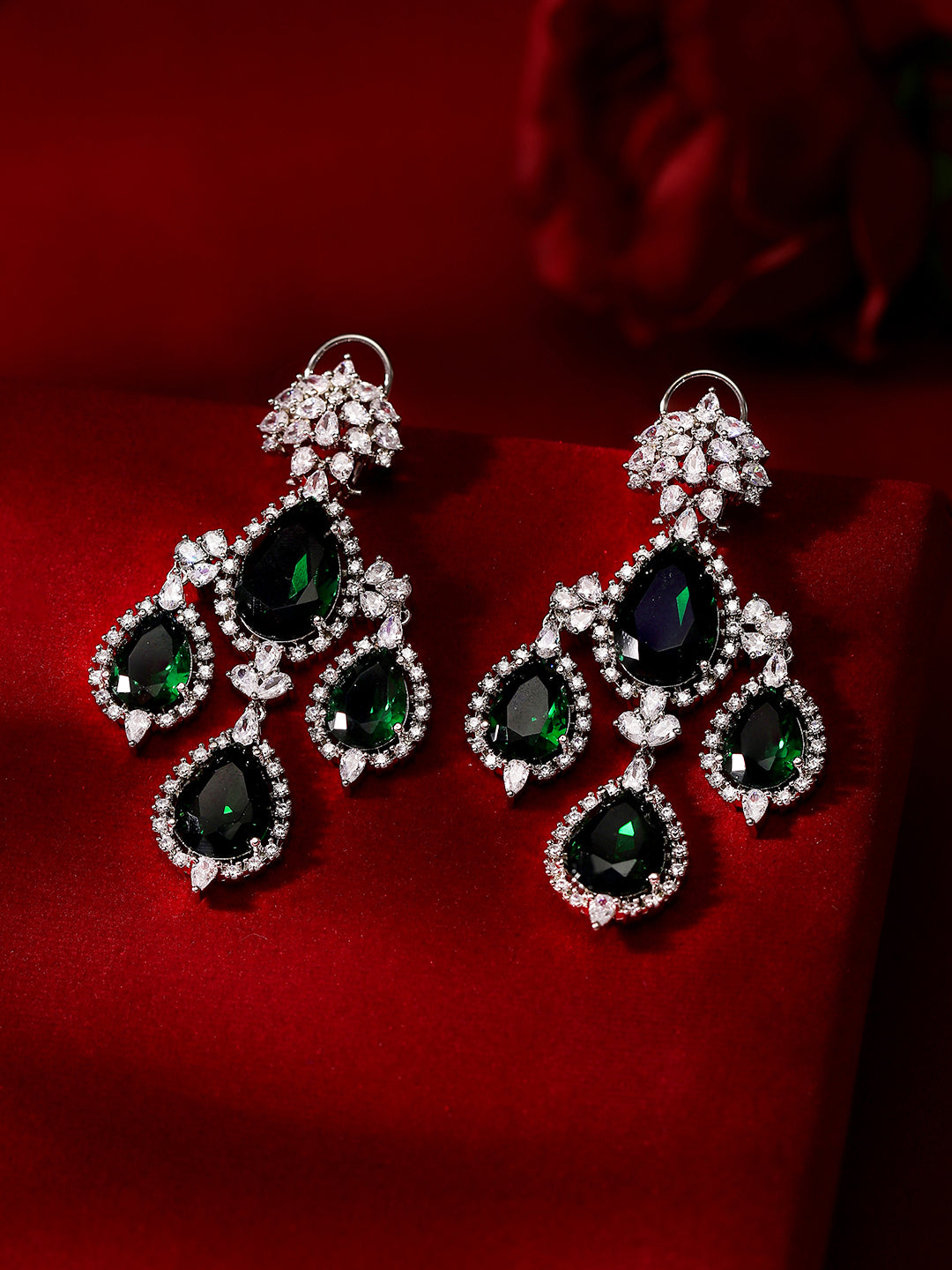 Emerald Stoned American Diamond Silver Plated Drop Earrings