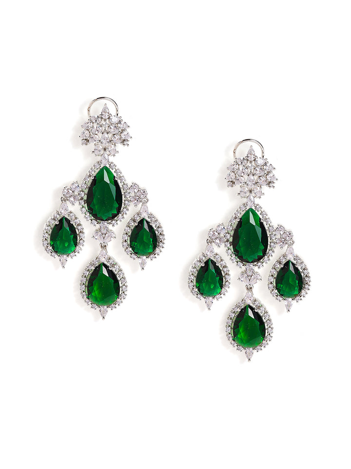 Emerald Stoned American Diamond Silver Plated Drop Earrings