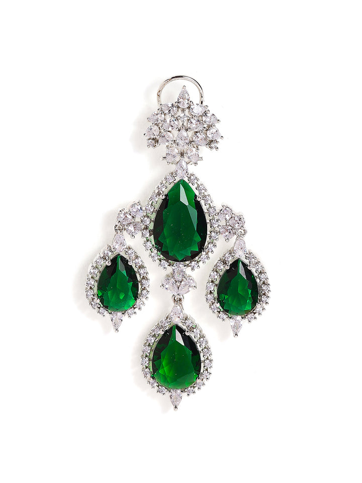 Emerald Stoned American Diamond Silver Plated Drop Earrings