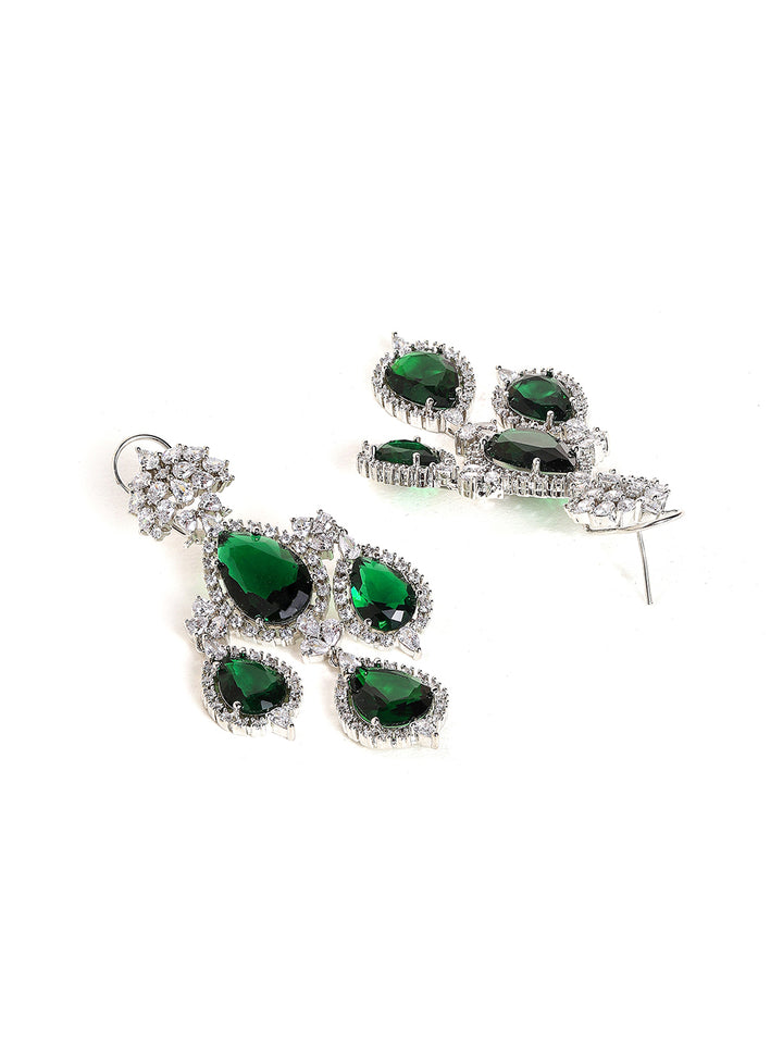 Emerald Stoned American Diamond Silver Plated Drop Earrings