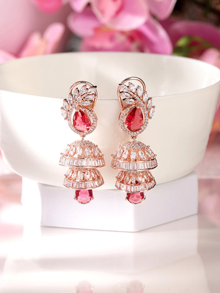 Ruby Stoned American Diamond Jhumkis Floral Style Rosegold Plated Earrings