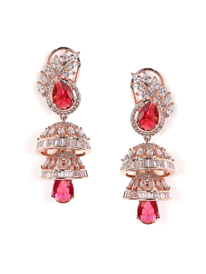 Ruby Stoned American Diamond Jhumkis Floral Style Rosegold Plated Earrings