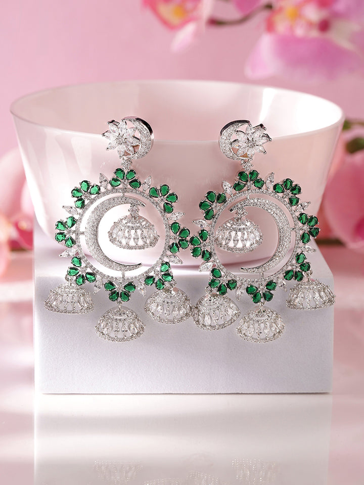 American Diamond Emerald Stoned Silver Plated Mini Jhumkis Drop Earrings