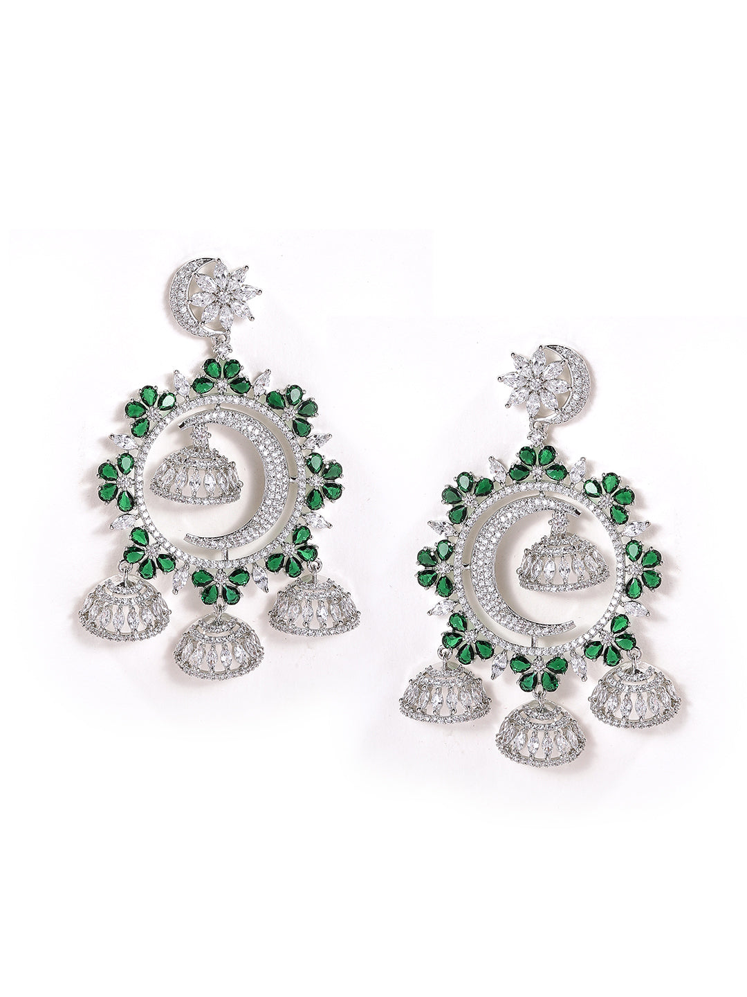 American Diamond Emerald Stoned Silver Plated Mini Jhumkis Drop Earrings