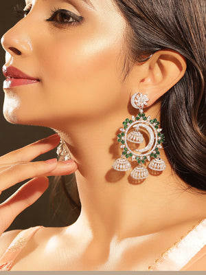 American Diamond Emerald Stoned Silver Plated Mini Jhumkis Drop Earrings