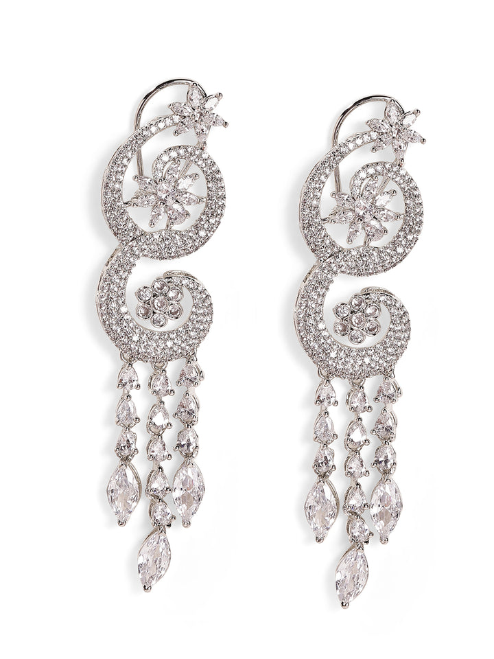 Floral Style American Diamond Silver Plated Tassels Pattern Drop Earrings