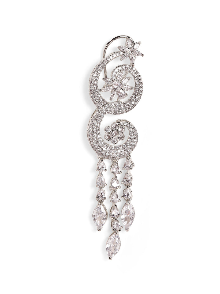 Floral Style American Diamond Silver Plated Tassels Pattern Drop Earrings