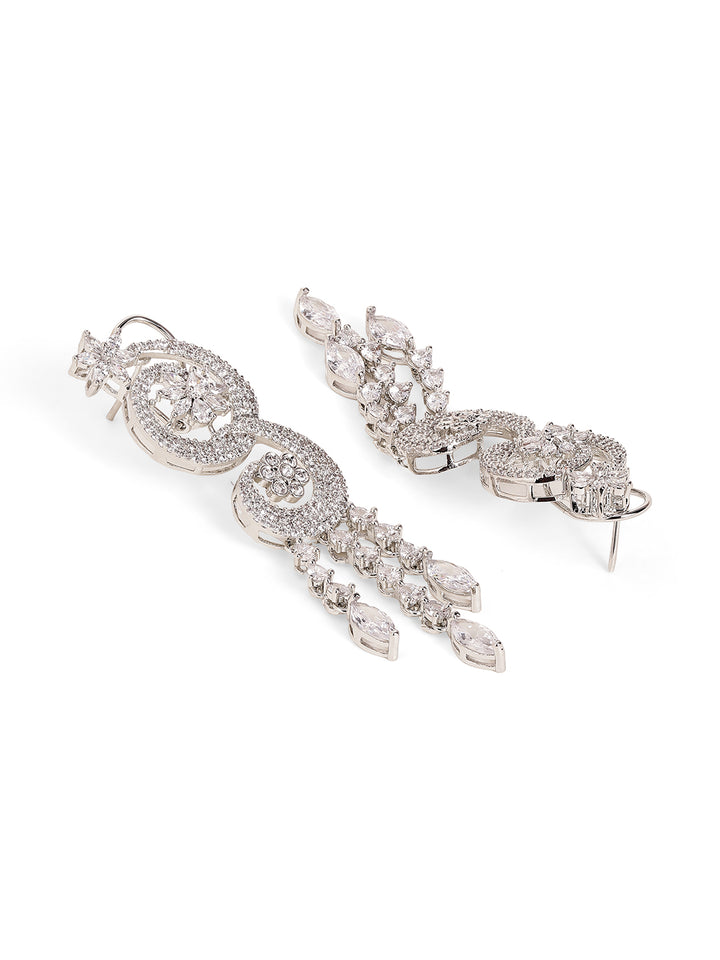 Floral Style American Diamond Silver Plated Tassels Pattern Drop Earrings