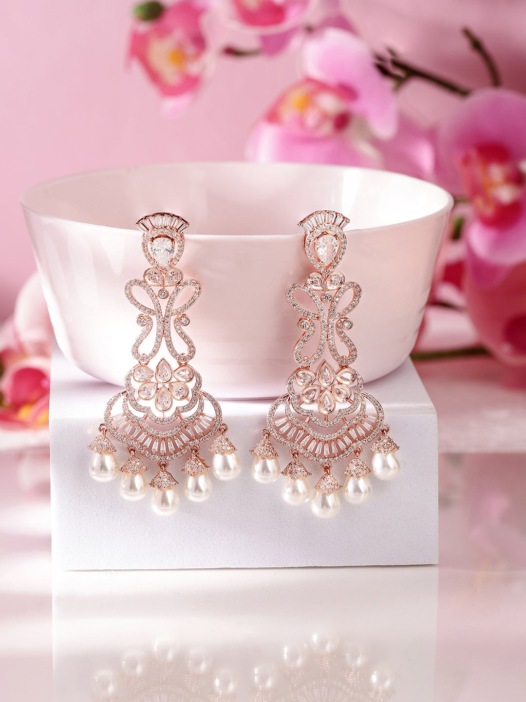 Butterfly pattern Pearl Rosegold Plated American Diamond Drop Earrings