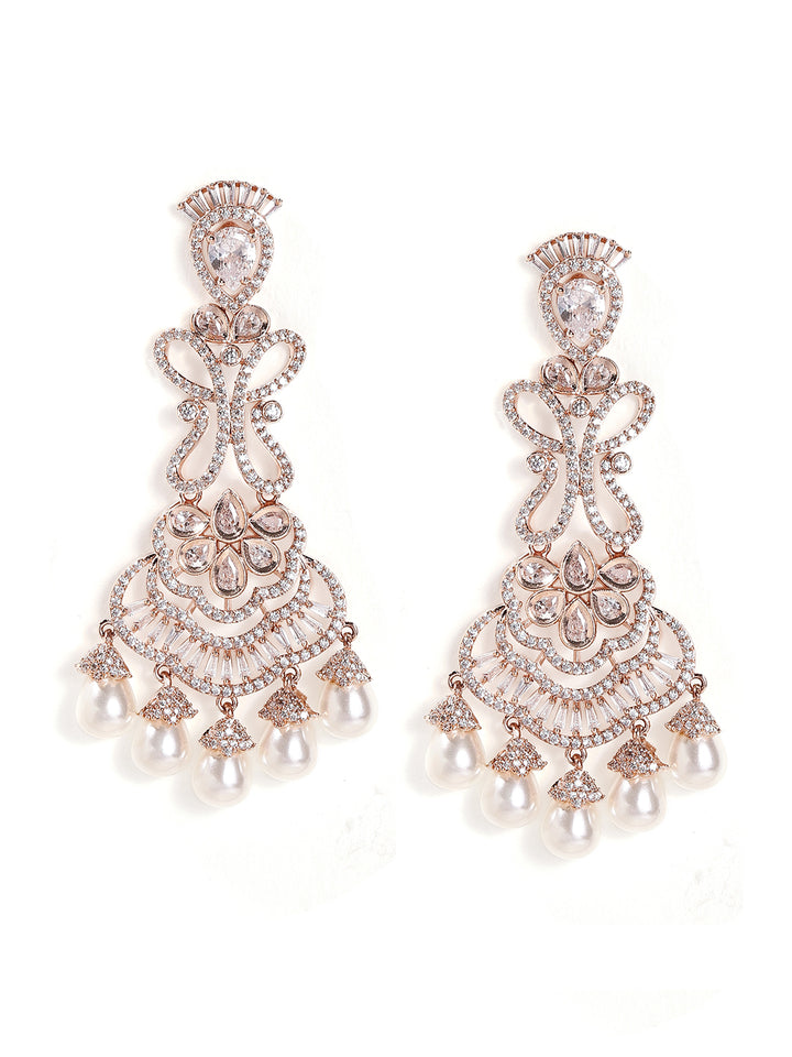 Butterfly pattern Pearl Rosegold Plated American Diamond Drop Earrings