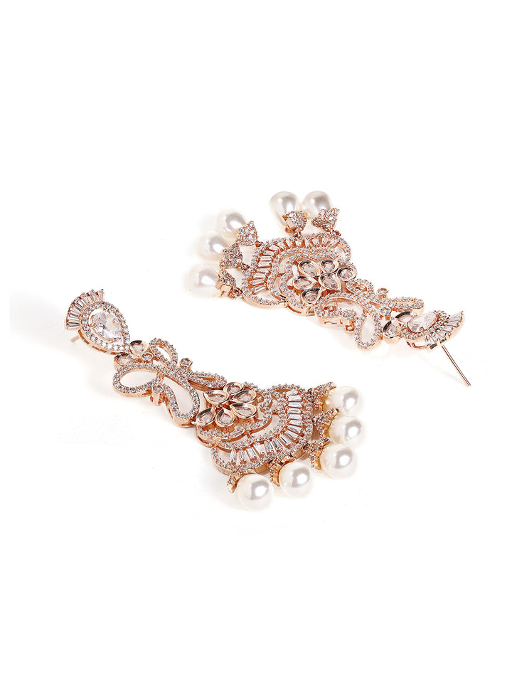 Butterfly pattern Pearl Rosegold Plated American Diamond Drop Earrings