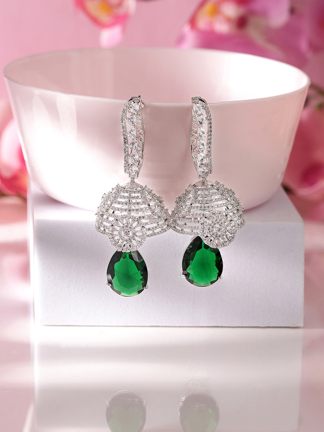 Emerald Stoned American Diamond Floral Jhumkis Silver Plated Earrings