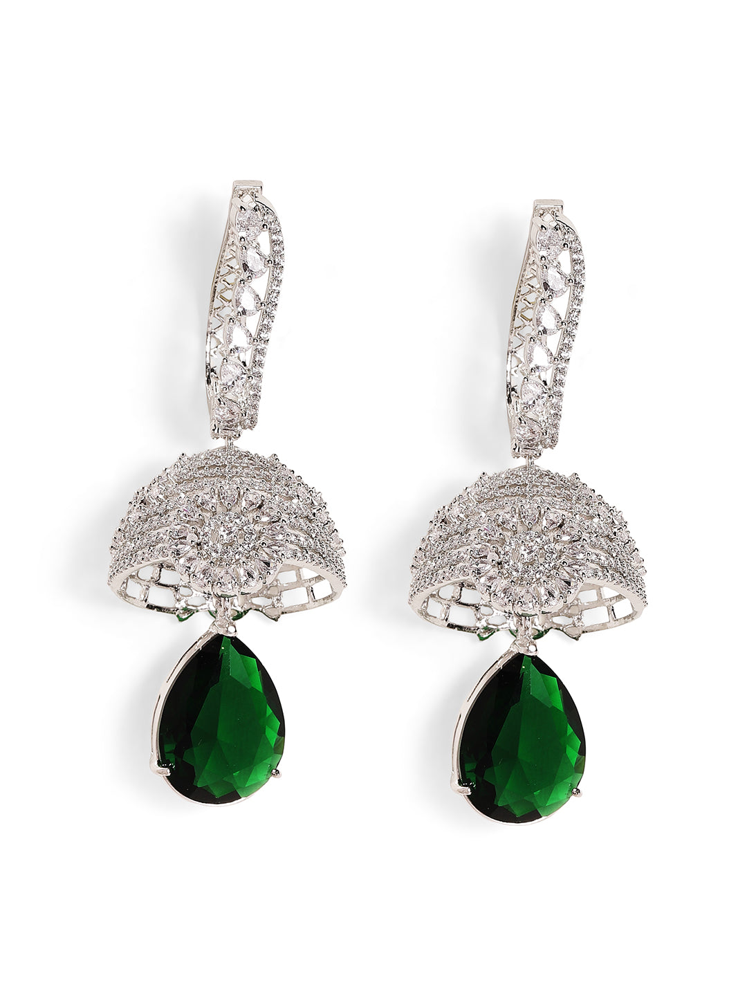 Emerald Stoned American Diamond Floral Jhumkis Silver Plated Earrings