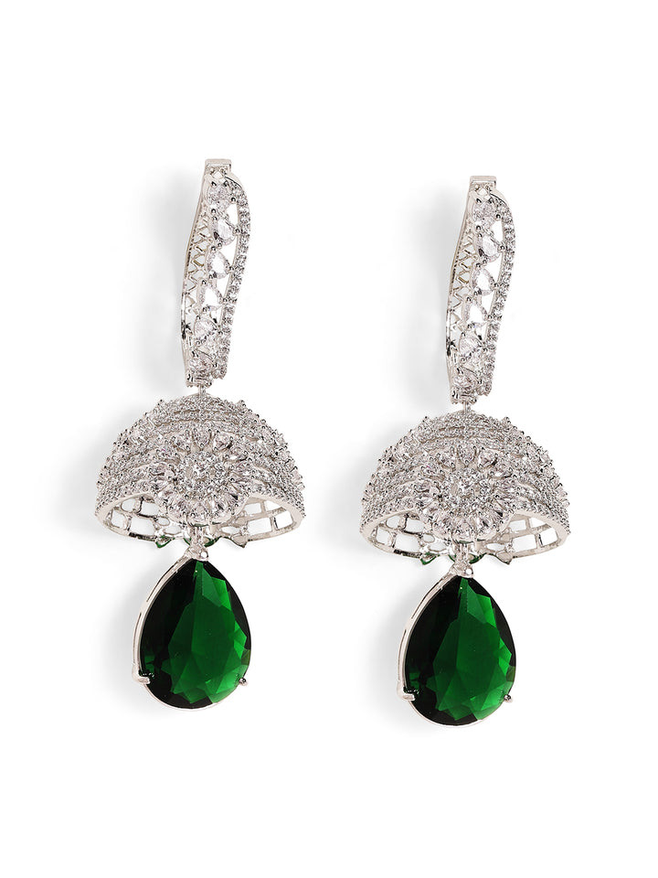 Emerald Stoned American Diamond Floral Jhumkis Silver Plated Earrings