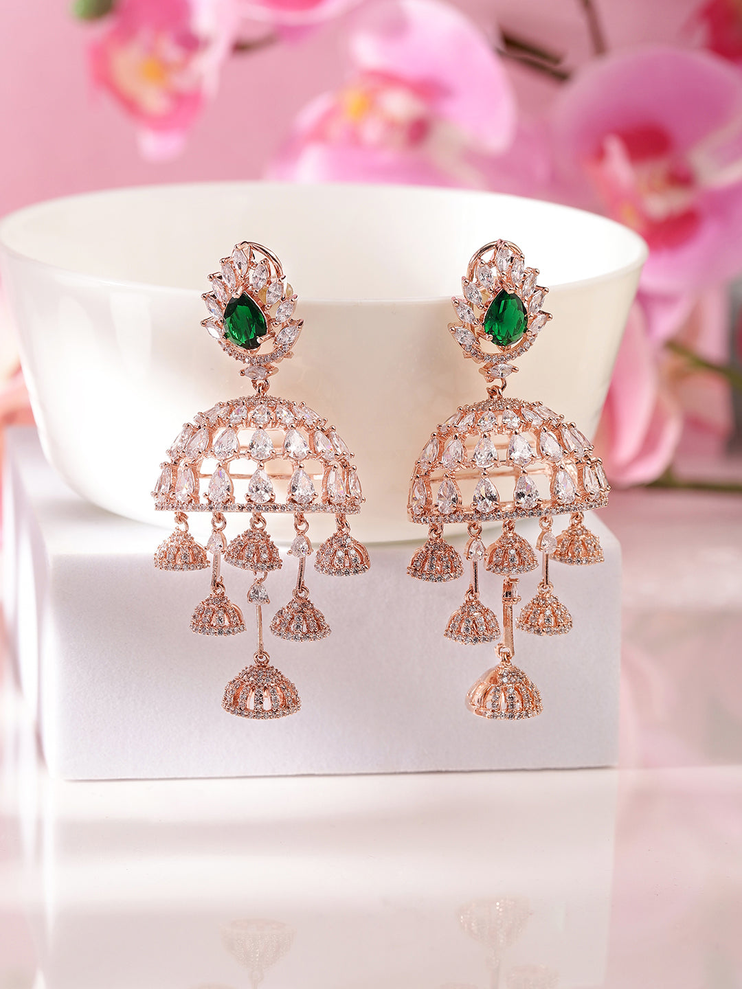 Emerald Stoned Floral Pattern American Diamond Jhumkis Rosegold Plated Earrings