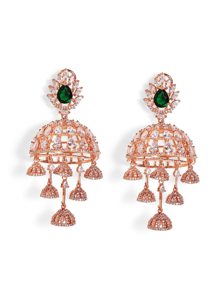 Emerald Stoned Floral Pattern American Diamond Jhumkis Rosegold Plated Earrings