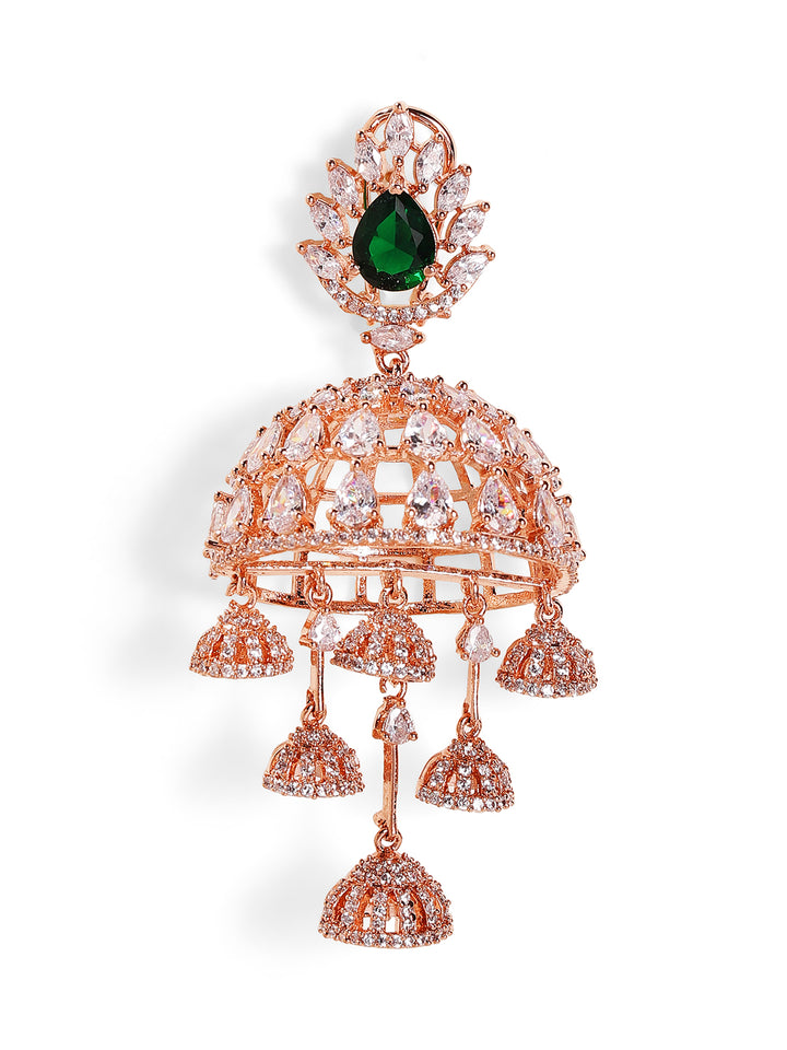 Emerald Stoned Floral Pattern American Diamond Jhumkis Rosegold Plated Earrings