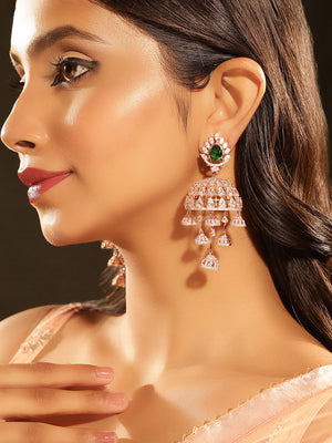 Emerald Stoned Floral Pattern American Diamond Jhumkis Rosegold Plated Earrings