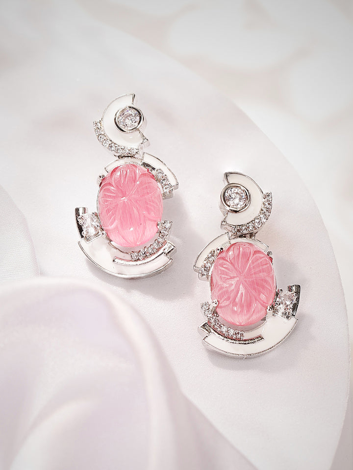 Pink Stoned White Elegance American Diamond Floral Pattern Drop Earrings