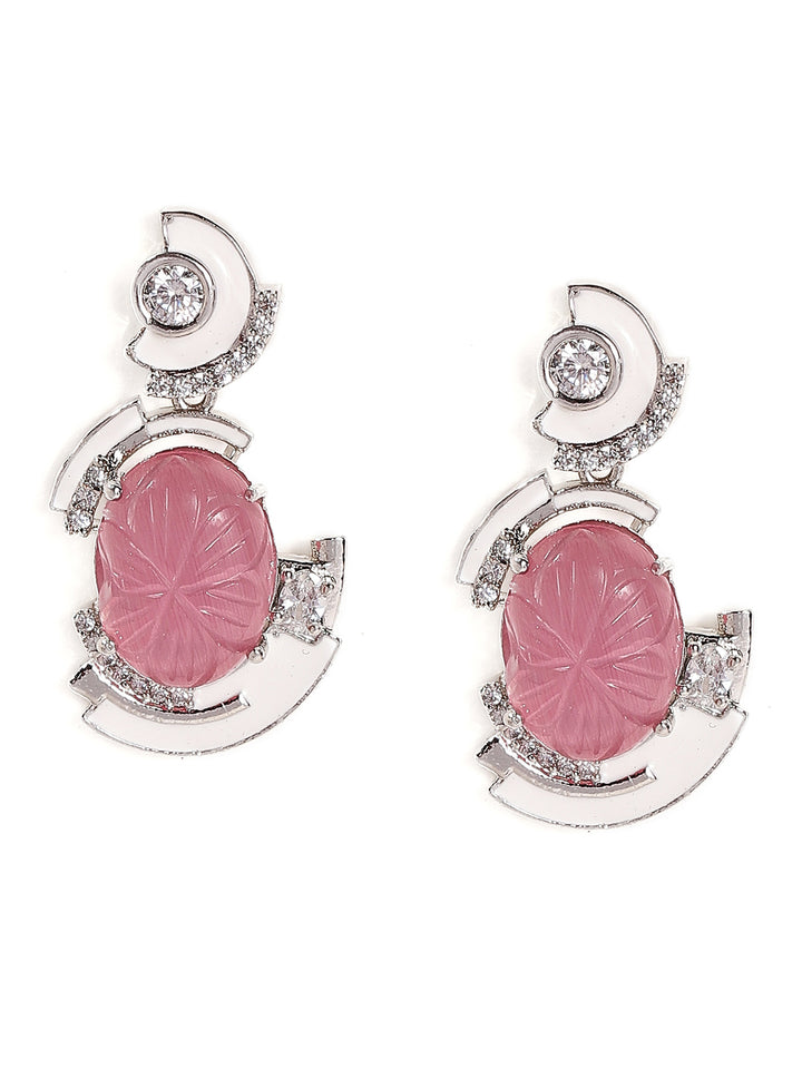 Pink Stoned White Elegance American Diamond Floral Pattern Drop Earrings