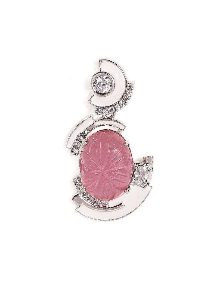 Pink Stoned White Elegance American Diamond Floral Pattern Drop Earrings