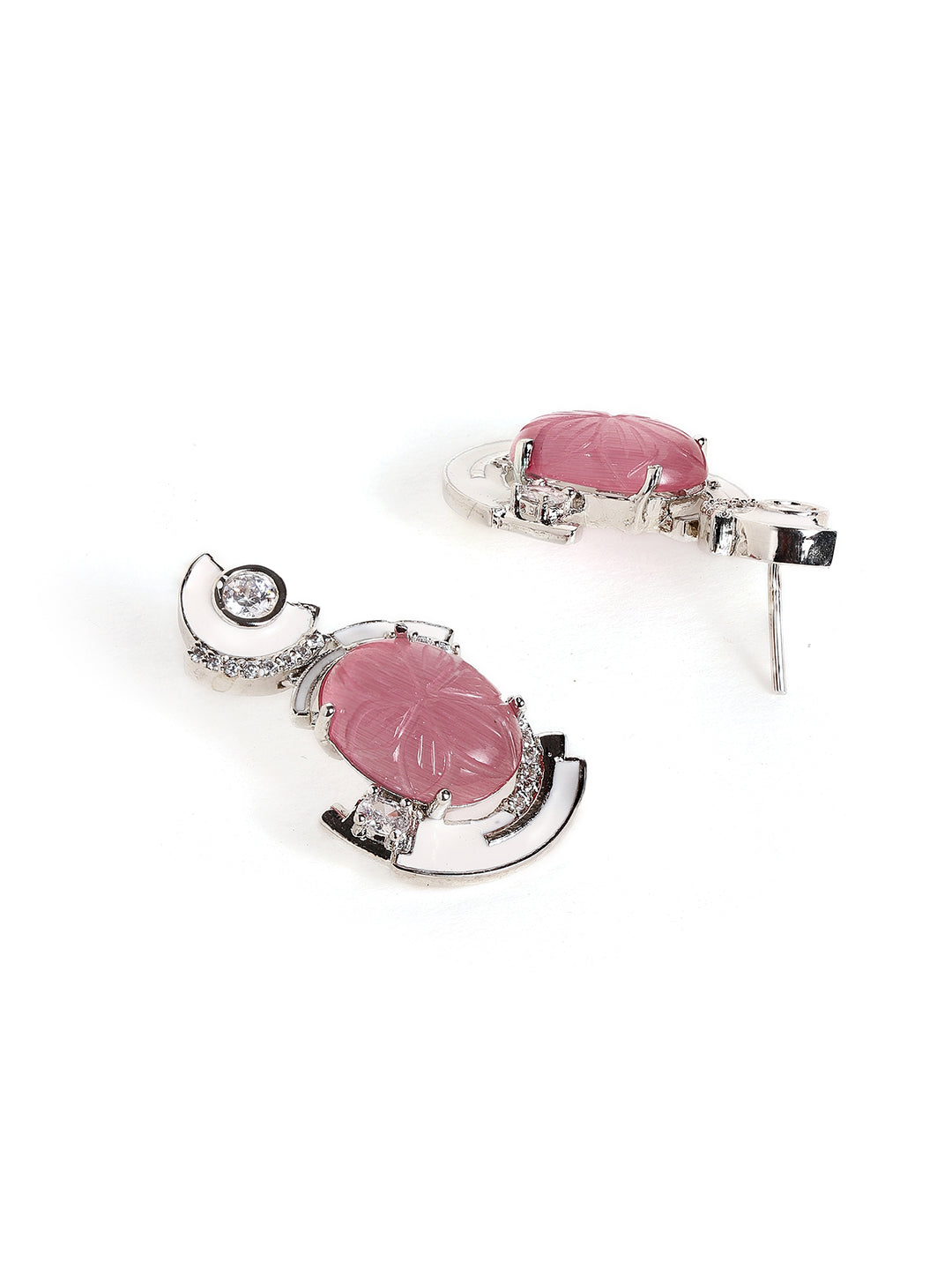 Pink Stoned White Elegance American Diamond Floral Pattern Drop Earrings