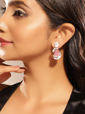 Pink Stoned White Elegance American Diamond Floral Pattern Drop Earrings