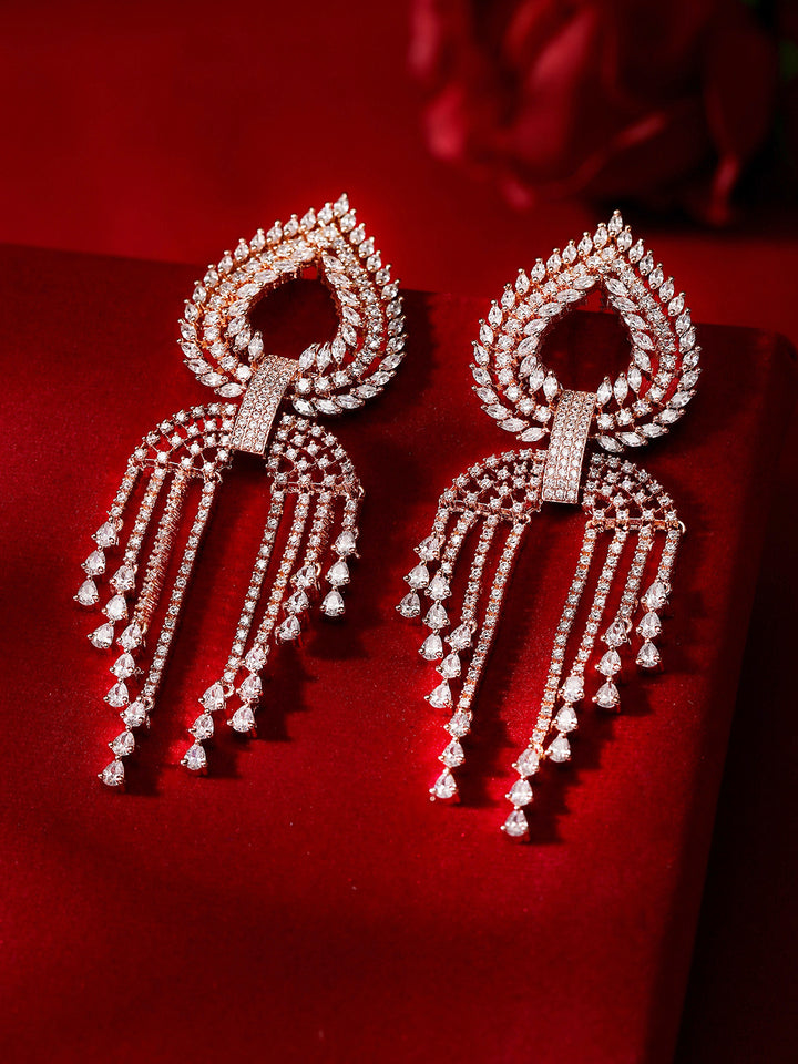 Drop Shaped American Diamond Rosegold Plated Tassel Style Drop Earrings