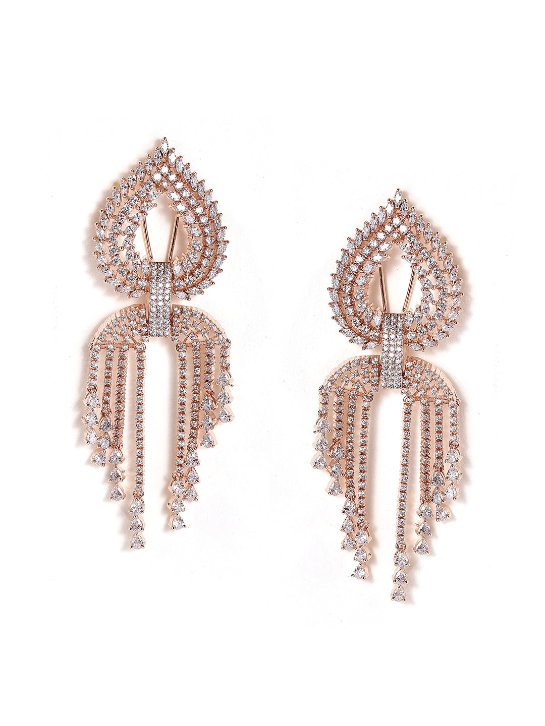 Drop Shaped American Diamond Rosegold Plated Tassel Style Drop Earrings