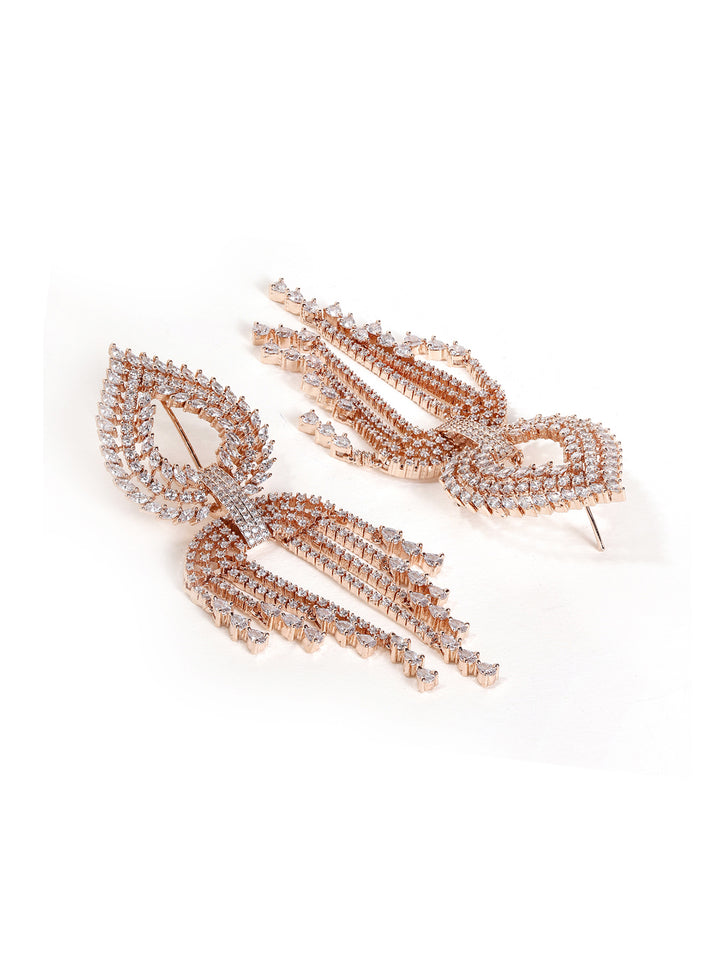 Drop Shaped American Diamond Rosegold Plated Tassel Style Drop Earrings