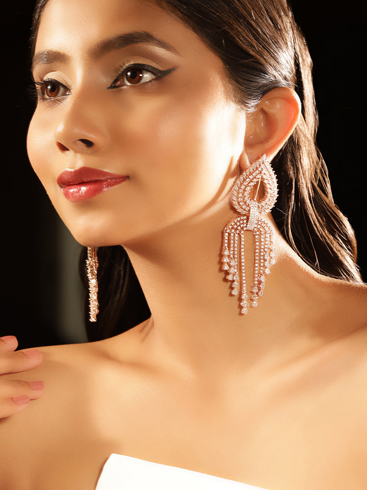 Drop Shaped American Diamond Rosegold Plated Tassel Style Drop Earrings