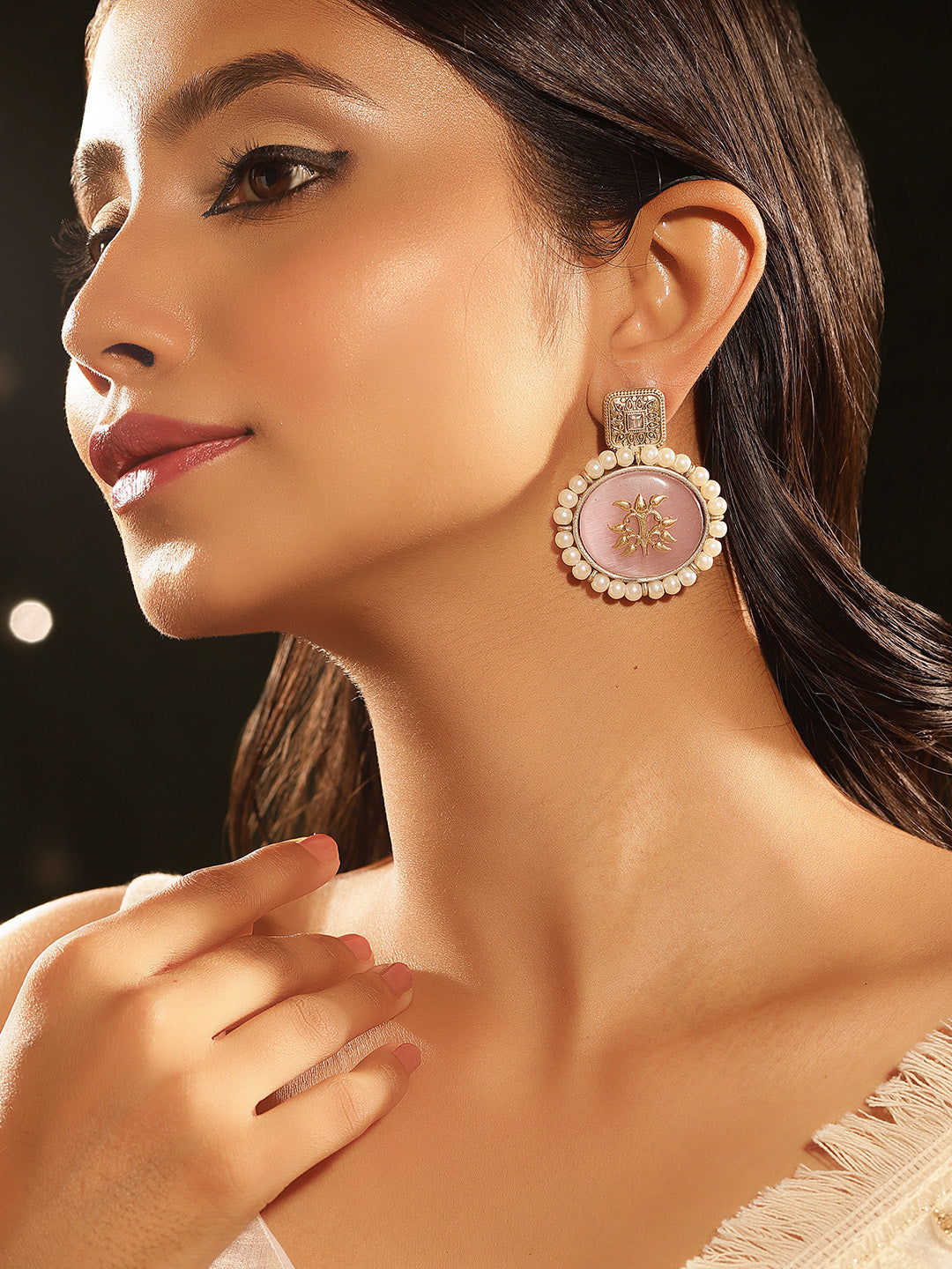 Floral Style Pink stoned Gold Plated Drop Pattern Earrings