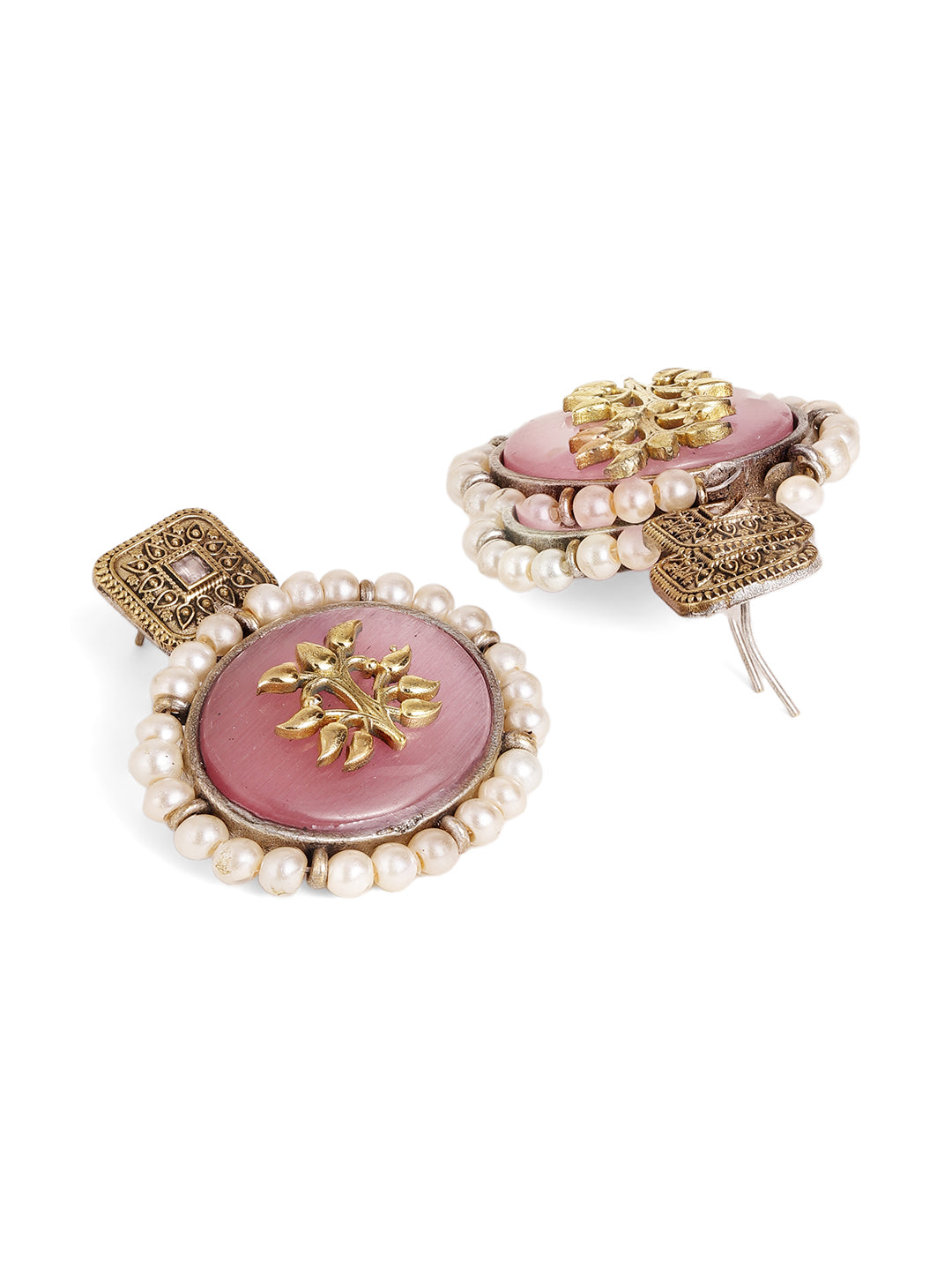 Floral Style Pink stoned Gold Plated Drop Pattern Earrings