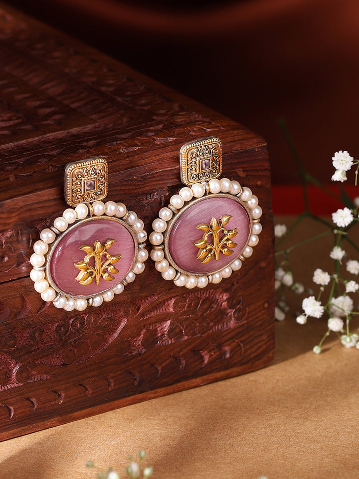 Floral Style Pink stoned Gold Plated Drop Pattern Earrings