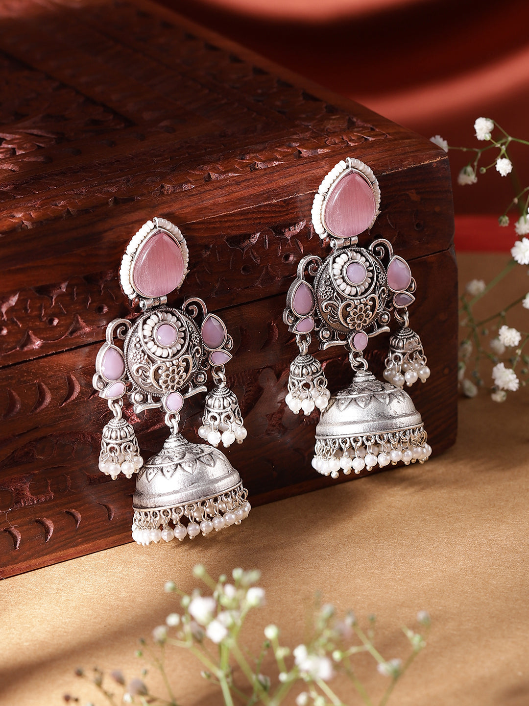 Pink Stoned Drop Pattern Oxidized Elegance Jhumki Style Earrings